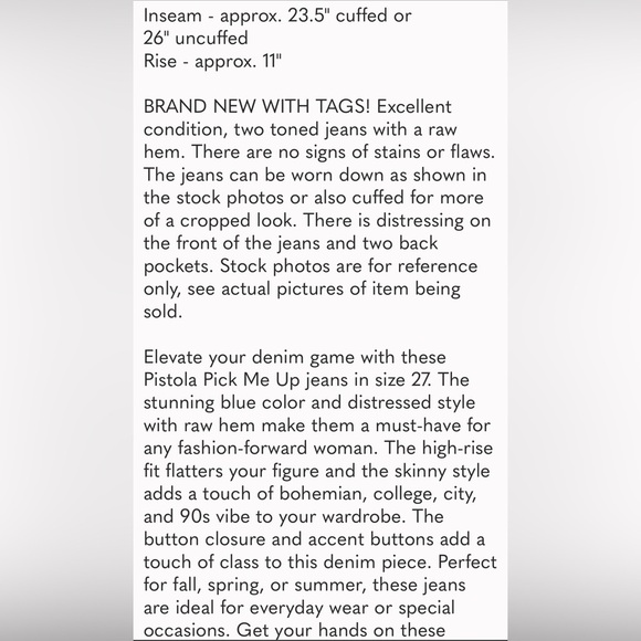 PISTOLA Pick Me Up Jeans Size 27 Blue Distressed Raw Hem High Rise Denim - Picture 11 of 11